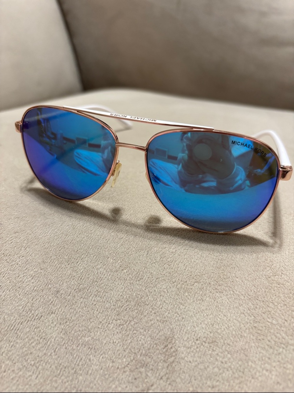 Michael Kors Aviator Sunglasses with Blue Mirrored Lenses and Rose Gold Frame